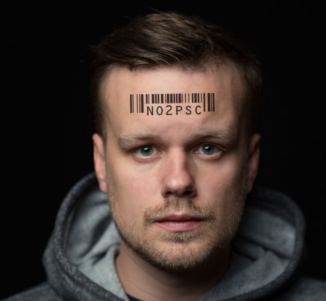 Man with PSC barcode tattoo on forehead